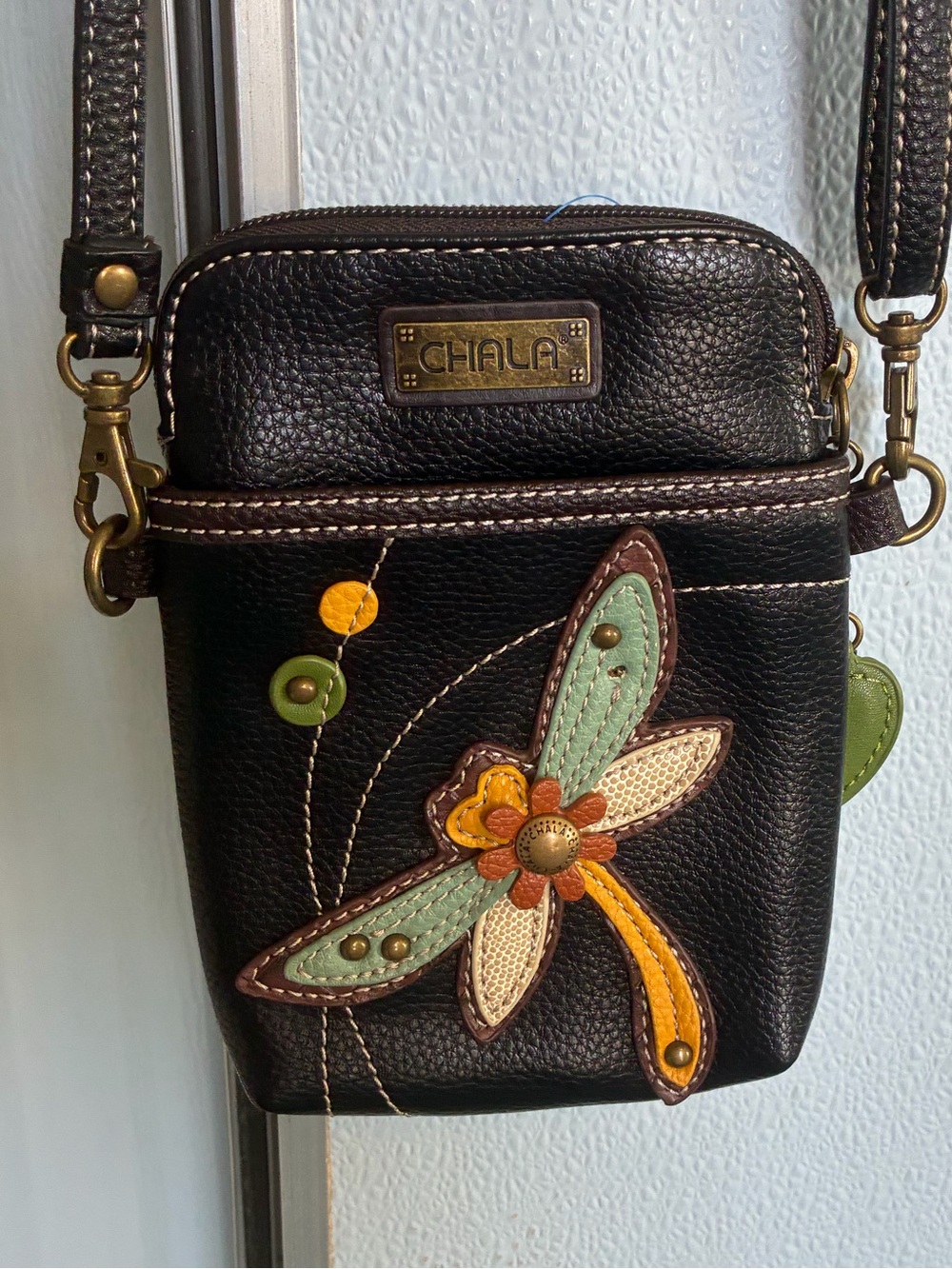 Chala Crossbody Purse Black with Colorful Dragonfly
